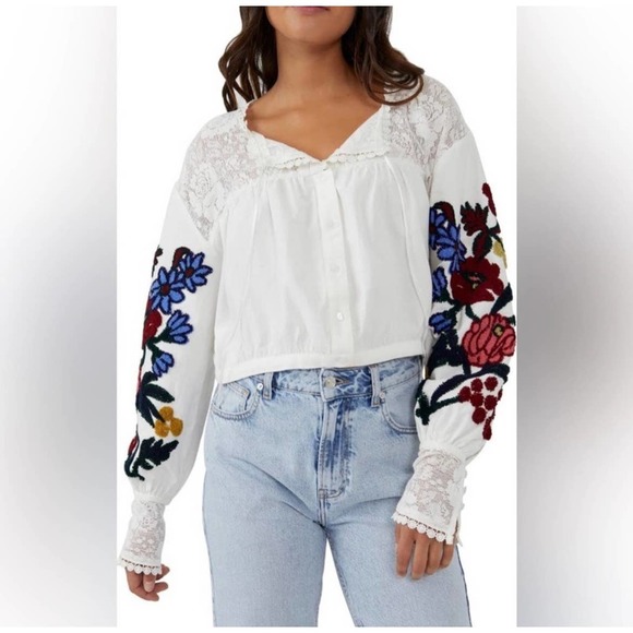 Free People Tops - NWT Free People Meadows Embroidered Crop Top Blouse Boho in Bones Size XS